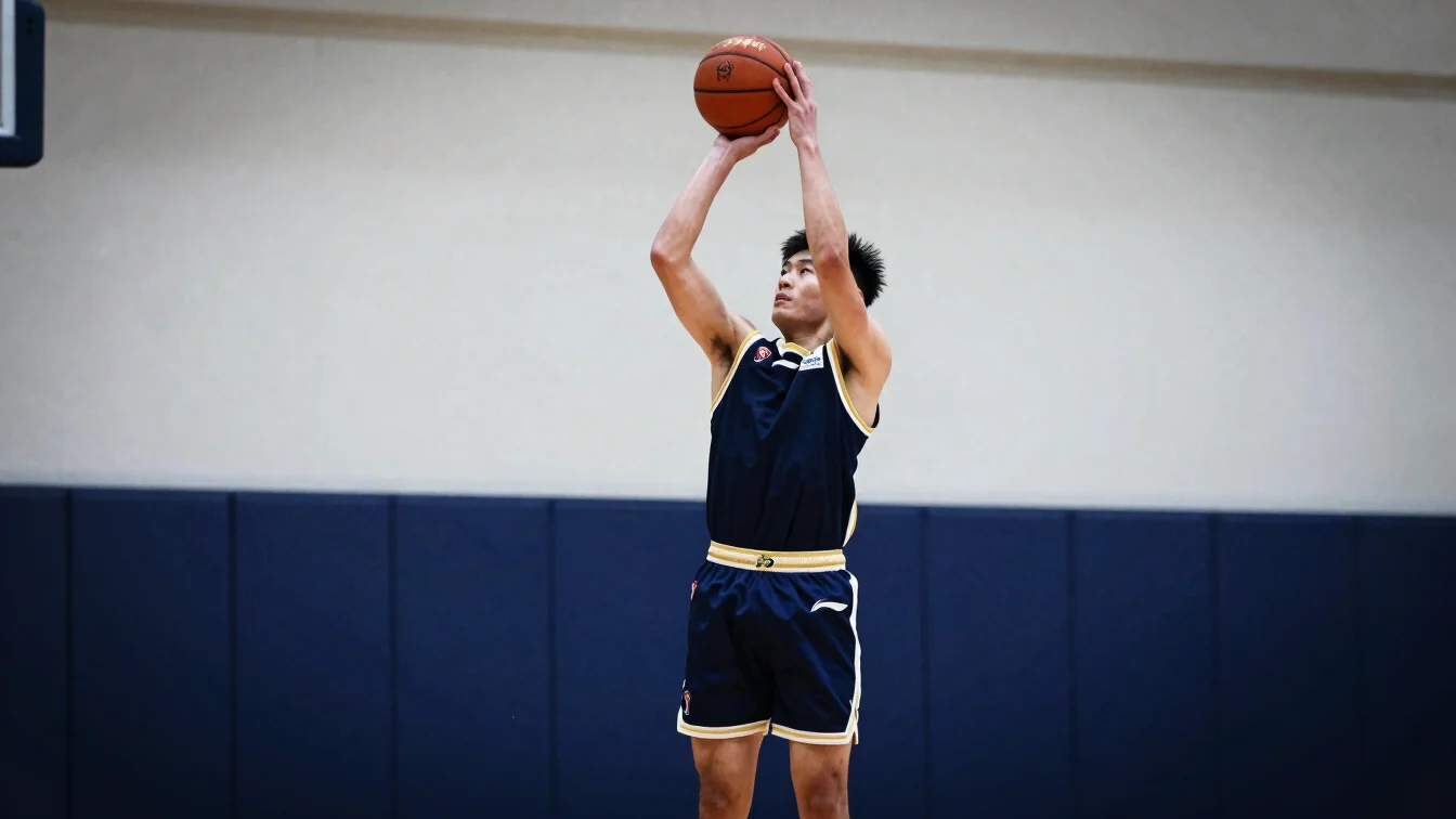 Mid-shot of a male basketball player in a navy and gold uniform,