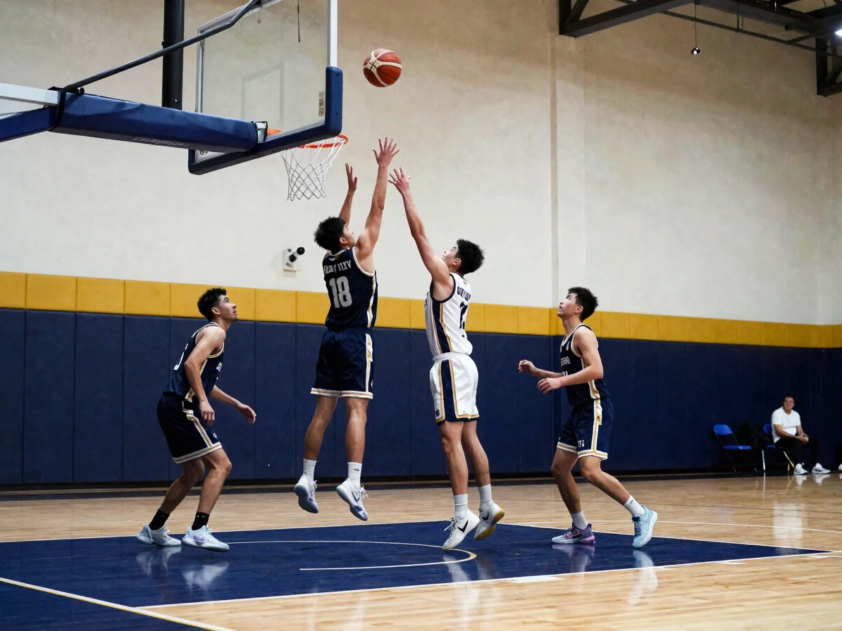 Jugadores de baloncesto en plena acción de salto para un tiro a canasta, con iluminación brillante de gimnasio, ángulos