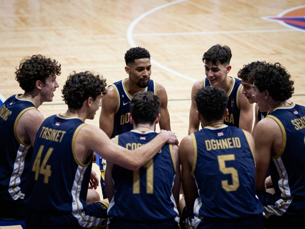 Equipo de baloncesto juvenil celebrando en el banquillo, con expresiones de alegría y compañerismo, bajo iluminación de