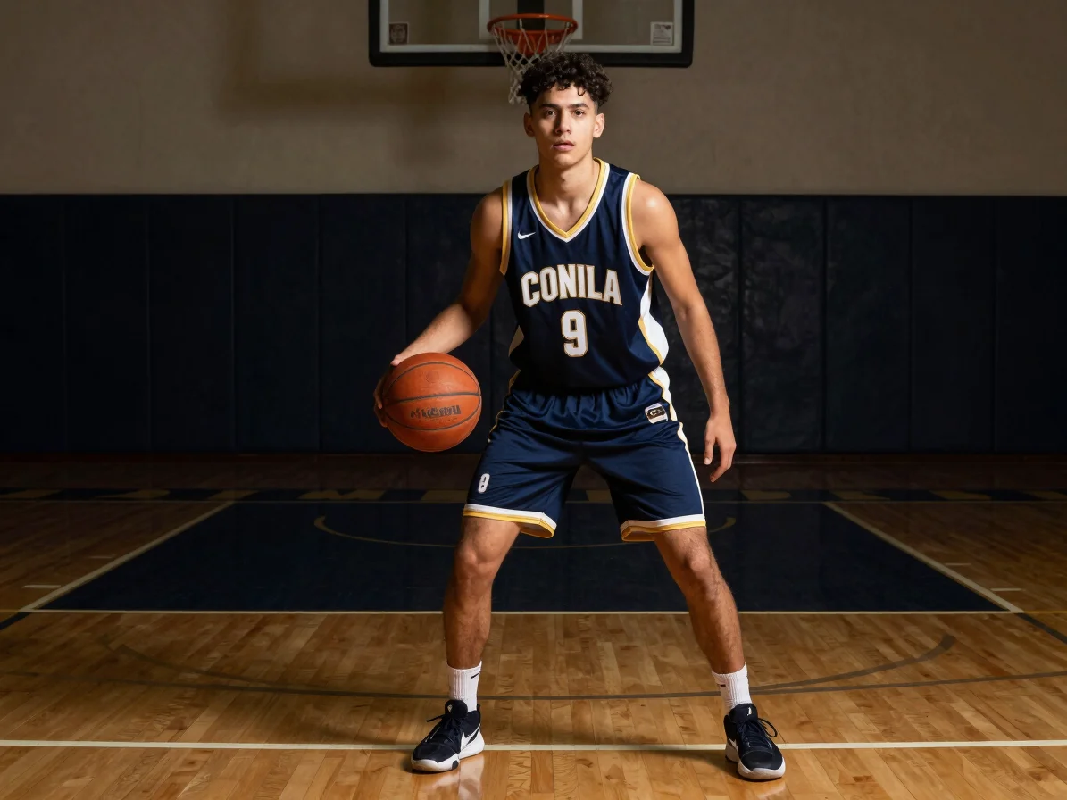 Retrato oficial de un jugador de baloncesto juvenil con uniforme, posando en la cancha con un balón, iluminación de estu