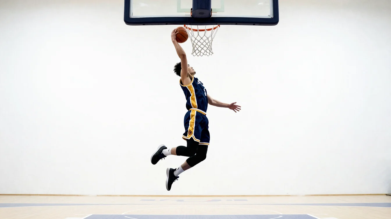 Dynamic low-angle shot of a basketball player in mid-air, about t
