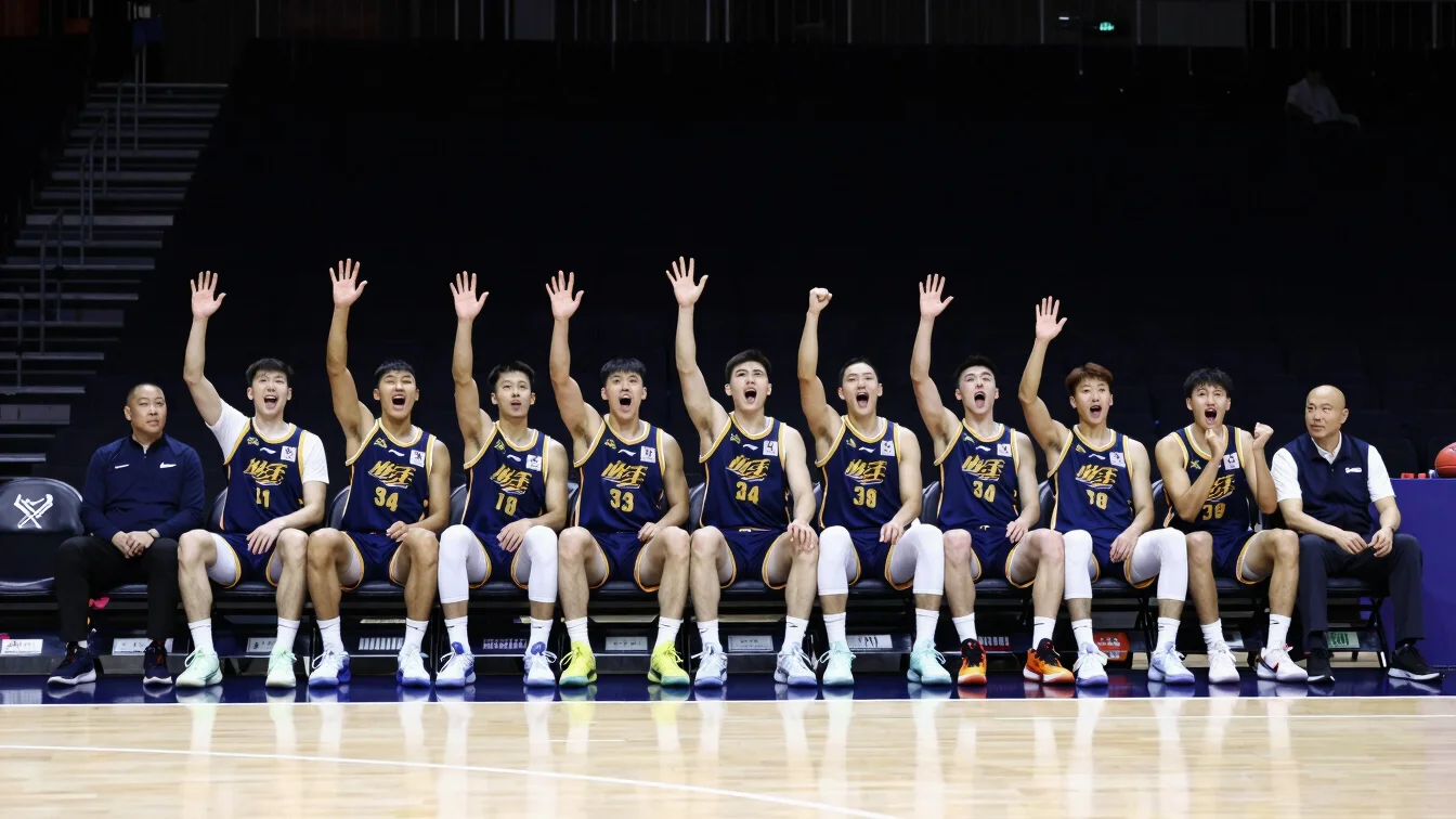 Basketball team celebrating a victory on the bench, deep navy blu
