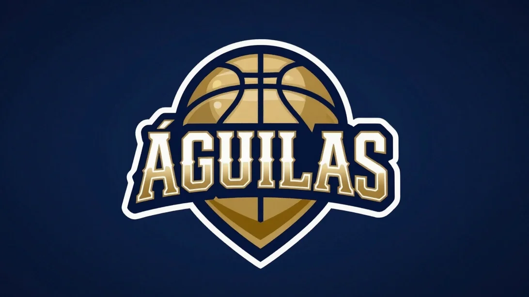 Logo del equipo Águilas Doradas en cancha de baloncesto con ilumi