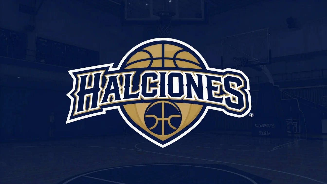 Logo del equipo Halcones Azules en cancha de baloncesto con ilumi