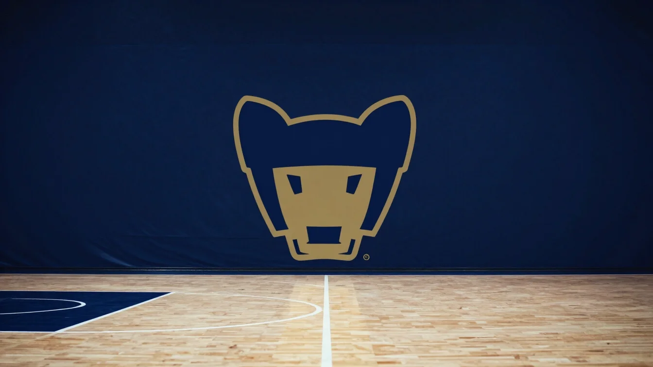 Logo del equipo Pumas Negros en cancha de baloncesto con iluminac