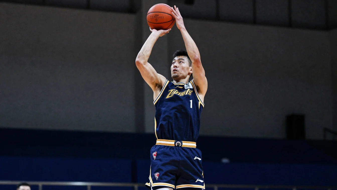 Dynamic low-angle action shot of a male basketball player in a na