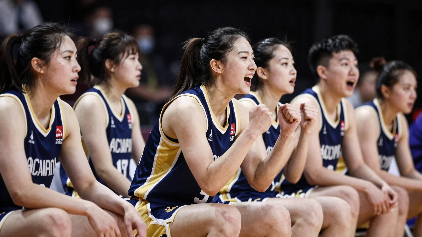Close-up of a female basketball player in a navy and gold uniform