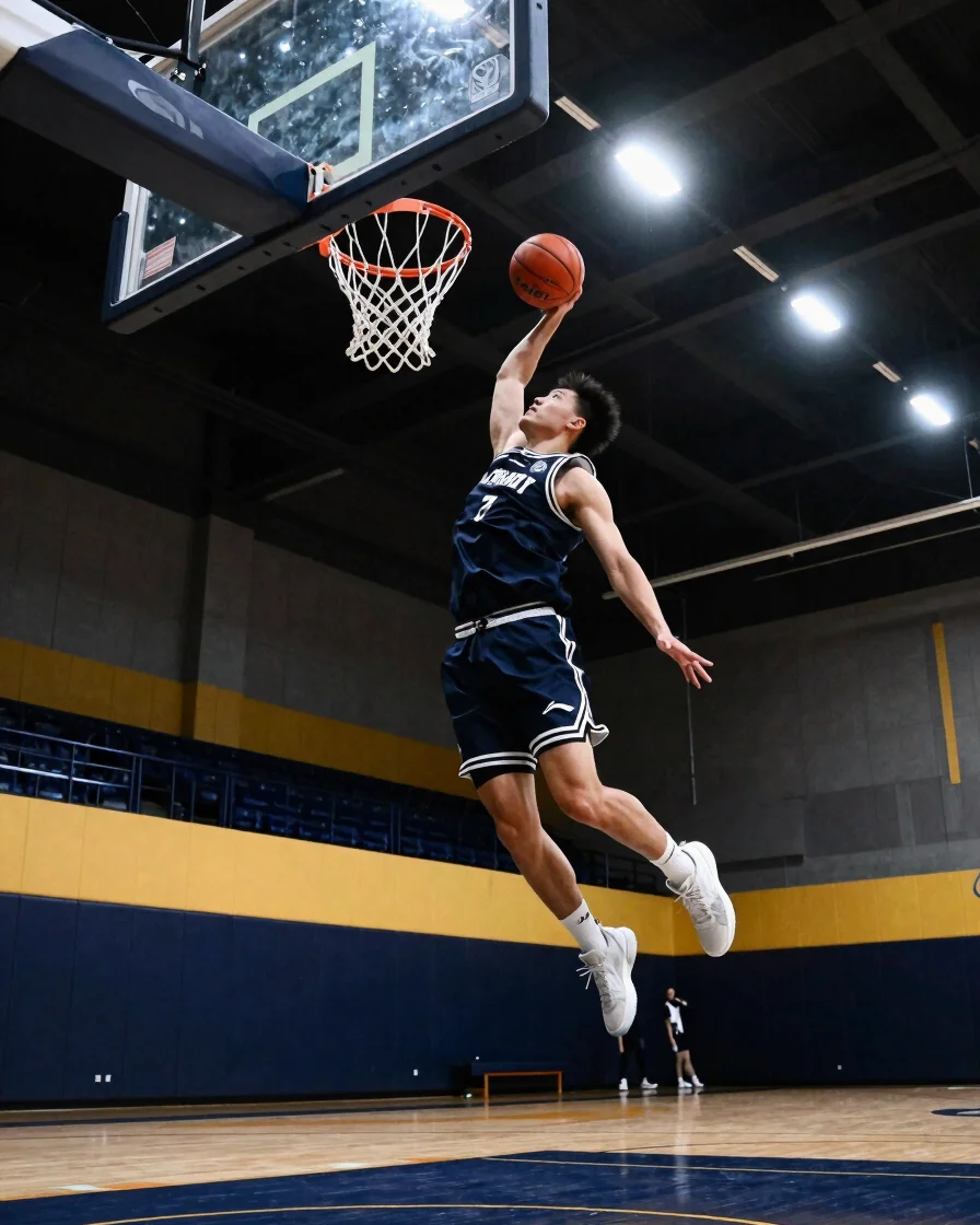 Dynamic low-angle shot of a basketball player mid-jump for a dunk