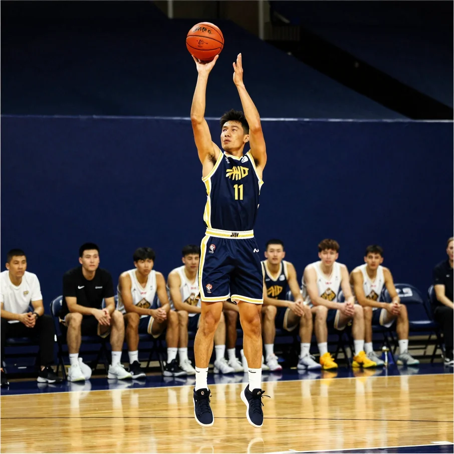 Player celebrating a successful shot, team bench in background, v