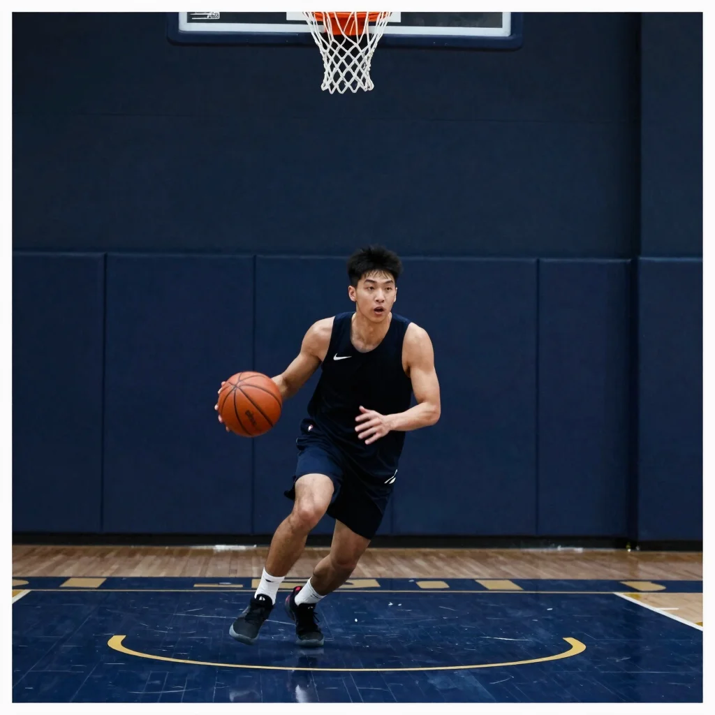 Dynamic low angle shot of a basketball player driving to the bask