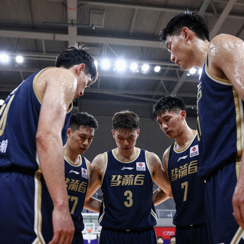 Team huddle during a timeout, intense expressions, sweat visible,