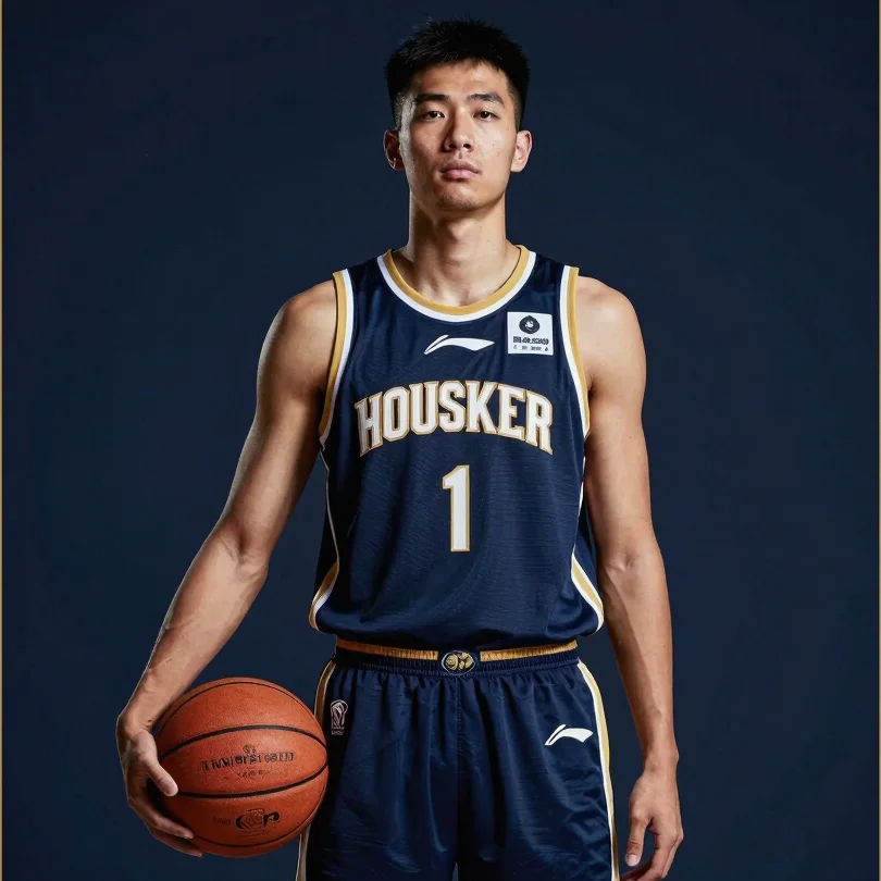 Player portrait in uniform, serious expression, basketball in han