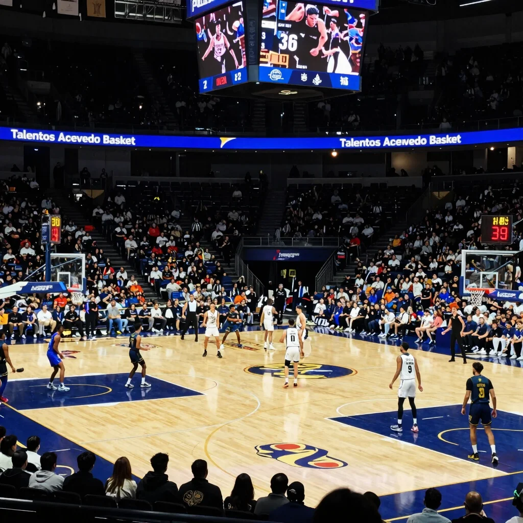 Wide shot of a packed basketball arena, scoreboard in the backgro